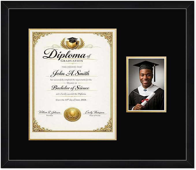 CountryArtHouse Fits 11 x 14 College Diploma (Portrait) and 5 x 7 Photo Diploma and Photo Frame Matte Black Genuine Hardwood with Black Over Metallic Gold Double mat
