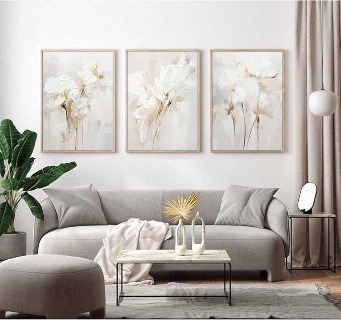 Neutral Wall Art Abstract Floral Canvas Pictures Beige Flower Wall Decor Modern Painting Minimalist Poster Abstract Botanical Prints White Artwork for Bedroom Living Room 16x24 Inch Unframed Set of 3