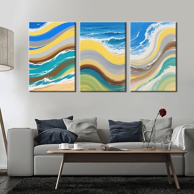 3 Separate Abstract Watercolor Aesthetic Wall Art Ocean Graffiti Poster Print Colorful Sandy Beaches for Office Home Office Parlour Living Room Decoration Stretched and Framed [72''Wx36''H]