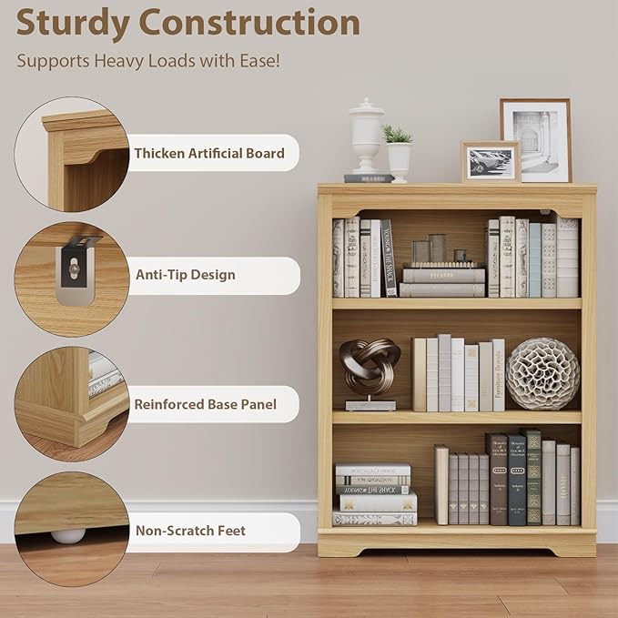 HIFYOBRO 3 Tier Bookshelf and Bookcase.31.5" Wide Wooden Book Shelf, Freestanding Open Display Storage Bookshelves for Study Room, Home Office, Living Room
