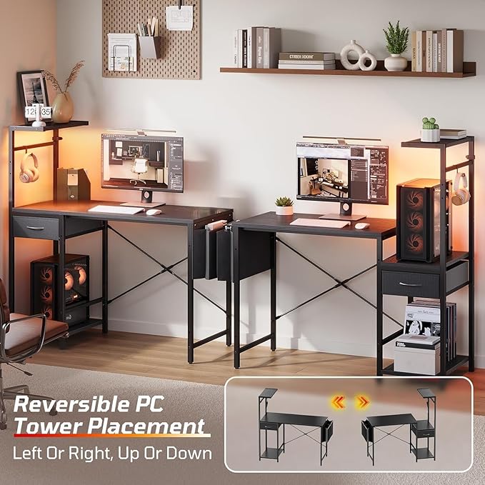 Bestier 44 Inch Gaming Desk for Small Spaces, Reversible Computer Desk with Drawers & Shelves, Modern Gamer Desk Table with Side Bag & Headphone Hook for Home Office, Black