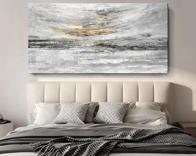 Nicetop 58x29" Modern Minimalist Black & White Abstract Coastal Wall Art with Metallic Gold Accents – Gallery Wrapped Abstract Ocean Waves & Clouds Canvas Art, Ready to Hang for Living Room Wall Decor, Bedroom Wall Art & Office Wall Decor