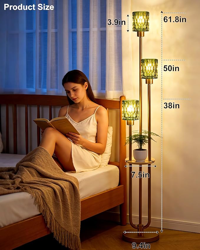 3-Light Modern Glass Floor Lamp with Shelf, Gold Tall Standing Lamp with Green Flower Glass Shade, Industrial LED Floor Lamp with Foot Switch for Living Room Bedroom Home Decor, Bulb Included