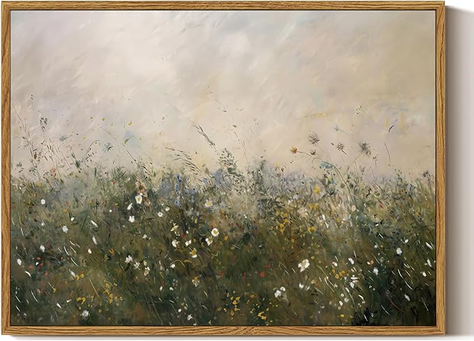 ARPEOTCY Vintage Framed Canvas Wall Art, Retro Colorful Flower Field Wall Art for Living Room, Bedroom, Bathroom, Vintage Farmhouse Landscape Framed Wall Art Decor(12x16 Inch)