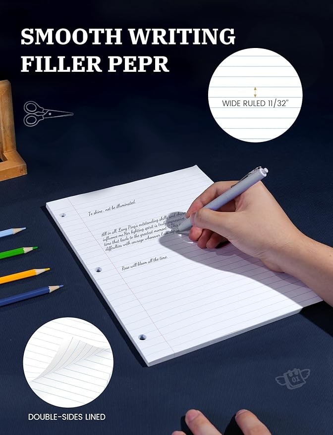 Loose Leaf Paper, 300 Sheets Filler Notebook Paper, 3-Hole Punched Binder Papers 8-1/2 x 11 In, Wide Ruled Lined Paper 8.5 x 11 for 3 Ring Binder, White, 3 Pack, 100 Sheets/Pad