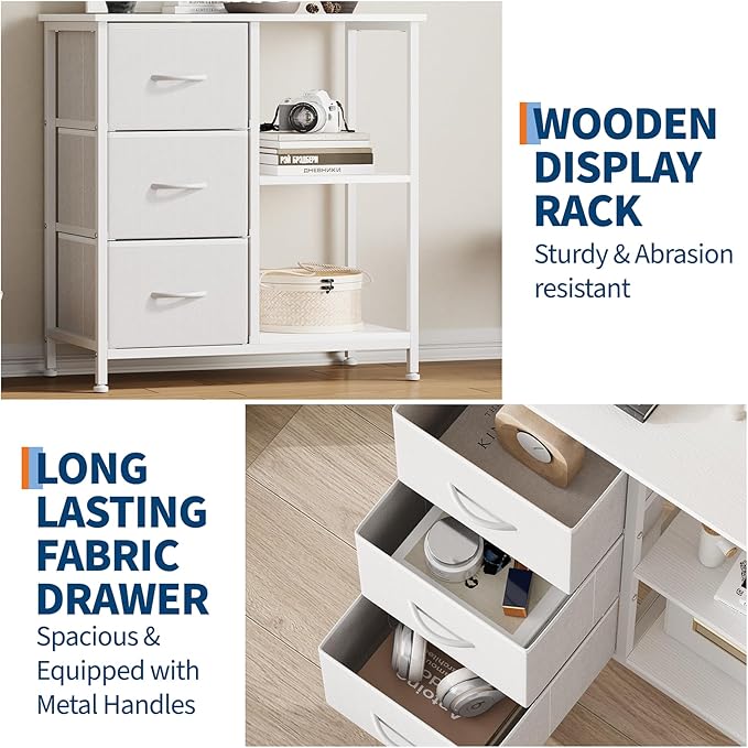 Garvee 3 Drawer File Cabinet, Printer Stand with 2 Open Storage Shelves, Fabric Filing Cabinet Under Desk Office Organizer for Home Office, Modern Storage Solution, White