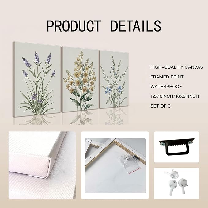 TUEASKY 3 Piece Canvas Wall Art Wildflower Wall Decor Botanical Pictures Floral Paintings Watercolor Prints Minimalist Artwork for Bedroom Bathroom Living Room