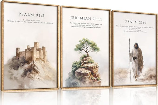 Jesus Christ Easter Bible Verse Story Framed Canvas Wall Art Set,Christian Religious Faith Resurrection Decor,Watercolor Beige Scripture Artwork for Church,Prayer Room,Living Room-24"x36"x3