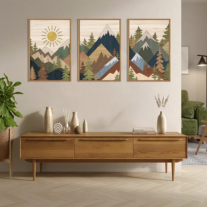 BICERE Large Abstract Mountain Woodcut Framed Canvas Wall Art,Neutral Pine Tree Wall Decor,Vintage Nature Forest Wall Painting,Rustic Artwork for Living Room,Bedroom,Dining Room,Farmhouse -24"x36"x3