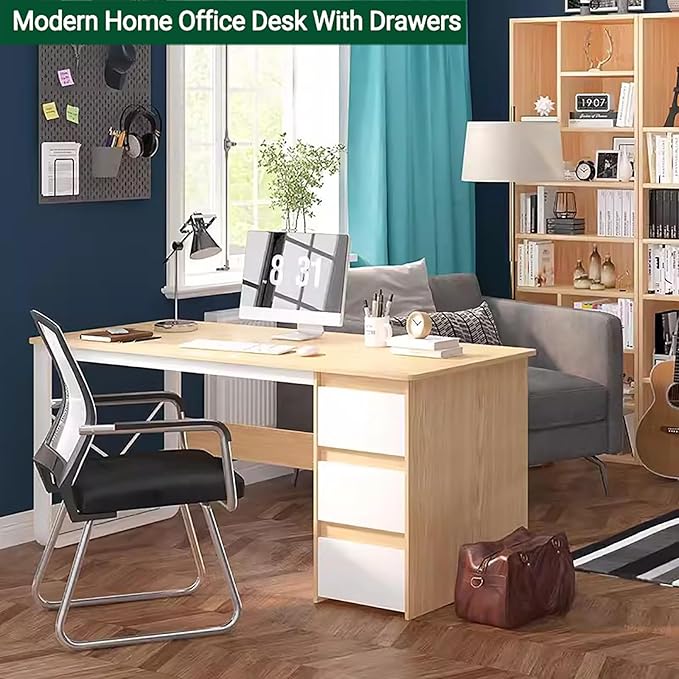 Computer Desk with Drawers & Storage Shelves,Modern Home Office Desk Study Desk Writing Desk for Bedroom,Wooden Corner Desk Small Pc Table with Metal Base(39.5" W x 19.5" D x 29" H, Brown)