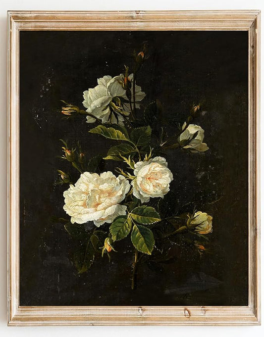 Kizbok Vintage Floral Wall Art Decor Moody White Rose Flower Canvas Prints, Antique Victorian Decor Vintage Botanical Art Pictures for Gallery Bedroom Bathroom Office Decor(8" x 10"-UNFRAMED)
