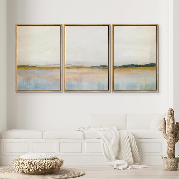 SIGNWIN Framed Canvas Print Wall Art Set Grunge Watercolor Pastel Lake Landscape Nature Abstract Illustrations Fine Art Decorative Nordic Rustic for Living Room, Bedroom, Office - 16"x24"x3 Natural