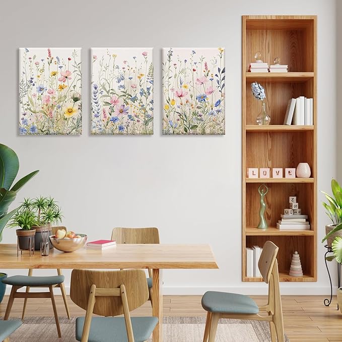 Bwodke Wildflower Wall Art Watercolor Botanical Floral Colorful Canvas Prints Set of 3 Modern Minimalist Flower Pictures Decor Painting Bedroom Bathroom Living Room Nursery 12"x16"