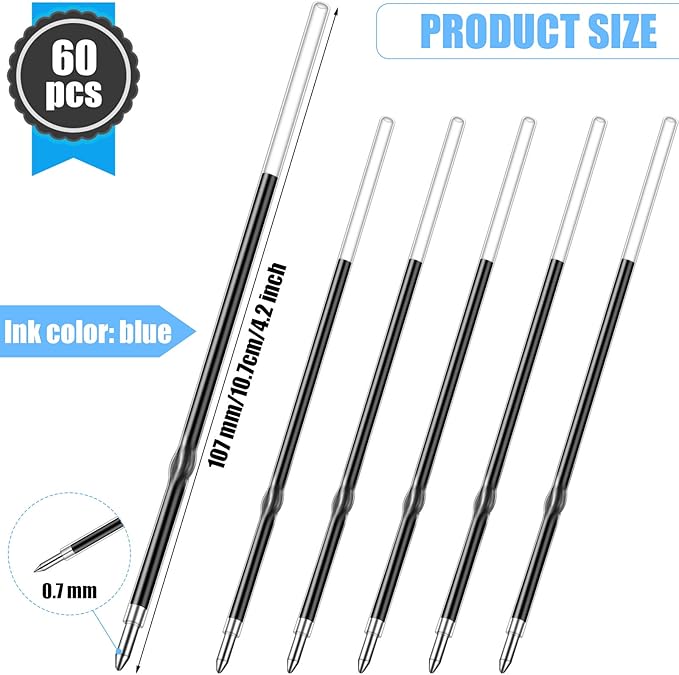 Outus 60 Pcs 0.7 mm Blue Retractable Pen Refills Bulk 4.2inch Replacement Ballpoint Ink Pen Refills for Click Ball Point Pens School Office Supplies