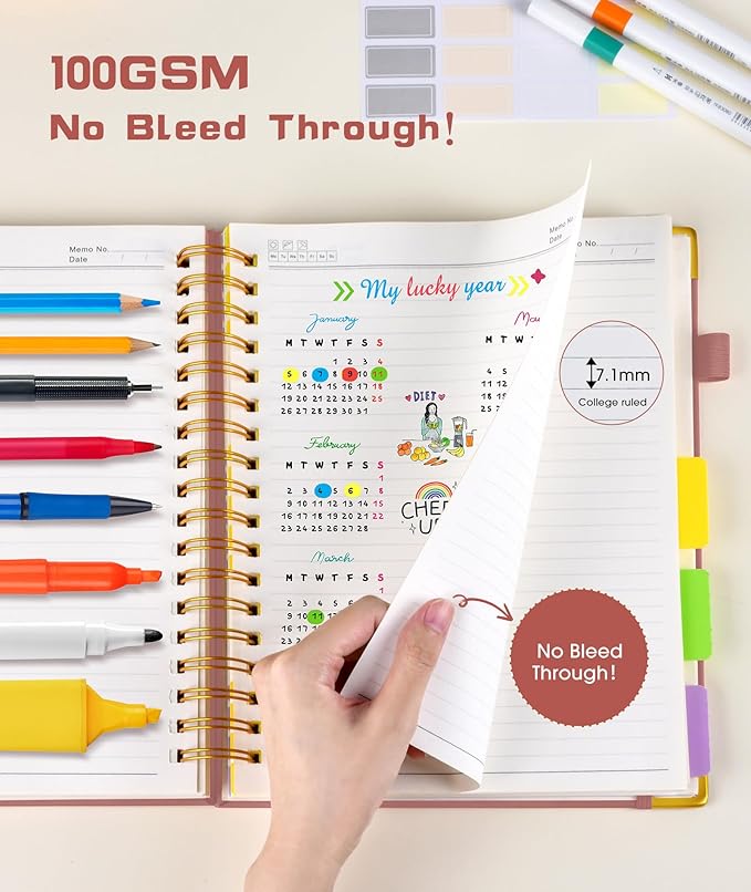 Hardcover Spiral Notebook journal with Removable Dividers Tabs, 300 Pages Leather 5 Subject Notebook College Ruled, 100GMS Notebooks for Work School Note taking,Lined Journal for Women,A5 Rose gold