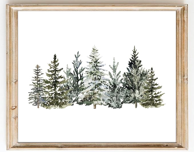 Kizbook Vintage Christmas Tree Wall Decor, Christmas Pine Tree Art Prints Painting, Farmhouse Winter Landscape Xmas Christmas Poster, Christmas Gallery Wall Art Winter Forest Print, Vintage Christmas Decor for Holiday (8"x10"-Unframed)