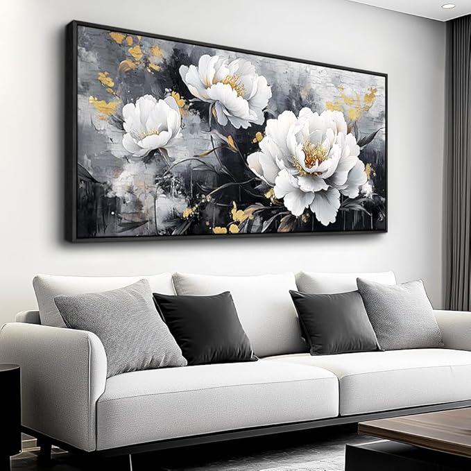 PHAOHUAXM Large Canvas Black Framed Wall Art Decor For Living Room Bedroom Abstract Painting Ink-Wash White Flowers With Home Dining Room Decorations Prints Posters Modern Room Home Decor 24"X48"