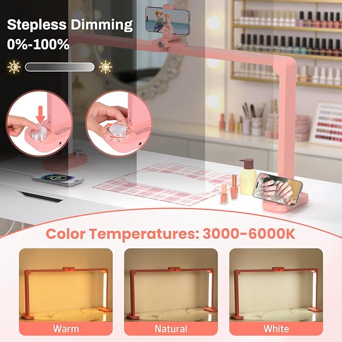 Half Moon Light for Nail Desk with Phone Holder, Large Square Nail Lamp for Desk, Professional Manicurist Desktop Lamp, LED Light Suitable for Manicures, Tattoos, and Sewing, Pink