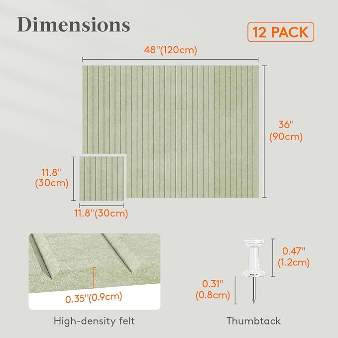 Lifewit Felt Slatted Bulletin Board with Self-Adhesive, 48"x 36"-12 Pack Cork Board Alternative, Pin Board Vision Board Message Board with 50 Pushpins for Office Decor, Room Decor, Sage