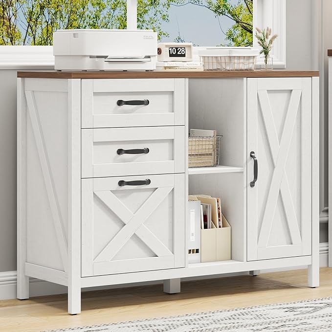 Vabches Lateral File Cabinet, Farmhouse 3 Drawer File Cabinet with Open Storage Shelf for Letter/A4/Legal Size Hanging Files, Large Wood Storage Cabinets Printer Stand for Home Office, White