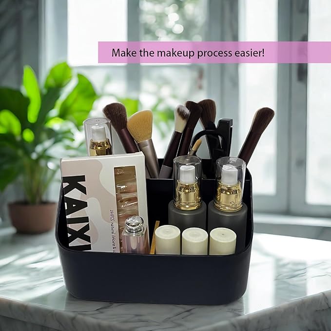 Pen Holder Desktop Organizers with 5 Compartments, Office Supplies Organizers and Accessories, Makeup Organizer Makeup Brush Holder, Remote Control Holder with Movable Wooden Partition