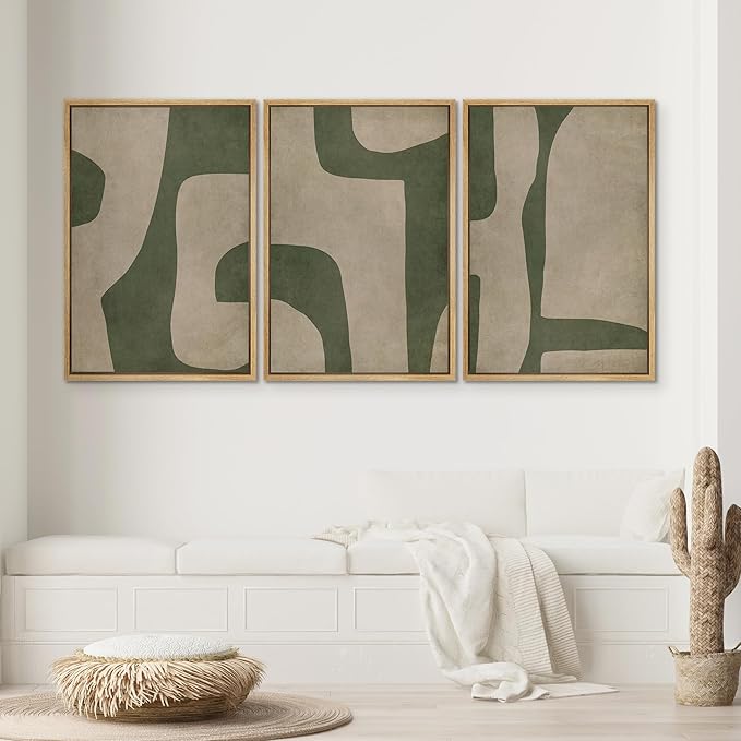 SIGNWIN Framed Canvas Print Wall Art Set Abstract Geometric Green and Beige Tones Illustrations Modern Art Decorative Boho Relax/Zen Nordic for Living Room, Bedroom, Office - 24"x36"x3 Natural