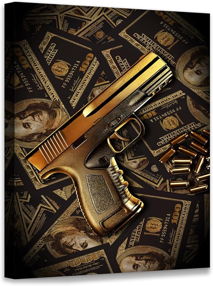 Real 100 Bill Dollar Cash Money Collection Gun Motivational Canvas Wall Art Money Killer Poster Print for Office Home Decor 12x16in