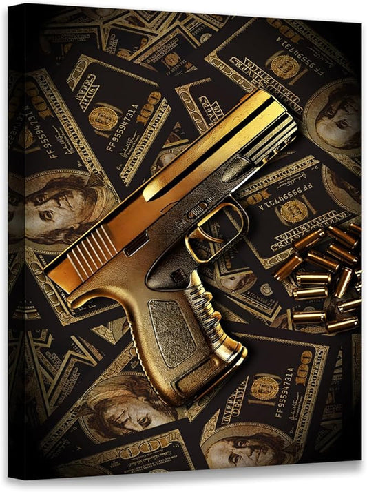 Real 100 Bill Dollar Cash Money Collection Gun Motivational Canvas Wall Art Money Killer Poster Print for Office Home Decor 12x16in