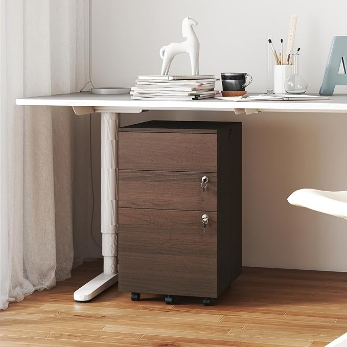 Giantex 3-Drawer File Cabinet with Lock, 27-Inches Storage Cabinet with 2 Side Hooks, Mobile Printer Stand, Wheels, 4 Keys, Vertical Filing Organizer fits Letter/A4 Size for Home Office (Brown)