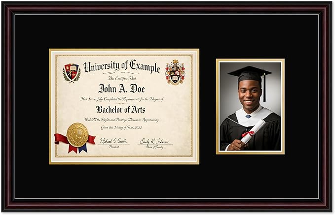 CountryArtHouse Fits 11 x 8.5 US Letter Certificate and 5 x 7 Photo Diploma and Photo Frame Executive Brown Genuine Hardwood with Black Over Metallic Gold Double mat