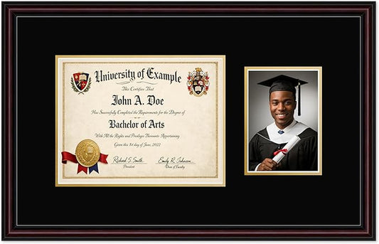 CountryArtHouse Fits 11 x 8.5 US Letter Certificate and 5 x 7 Photo Diploma and Photo Frame Executive Brown Genuine Hardwood with Black Over Metallic Gold Double mat