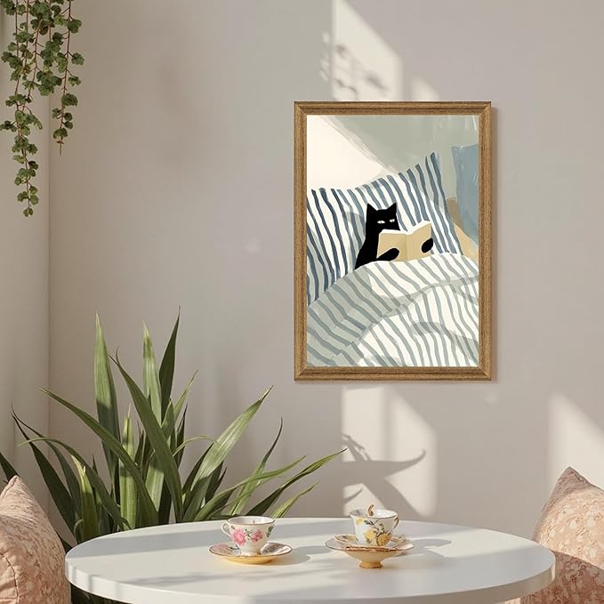 Fantasy Artists Black Cat Reading in Bed Wall Art, Quiet Character Illustration with Soft Neutral Tones, Calm Lifestyle Canvas Print for Bedroom, Reading Nook or Home Office, 16W x 24H