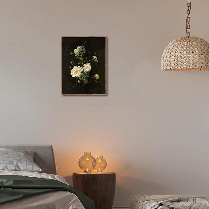 Kizbok Vintage Floral Wall Art Decor Moody White Rose Flower Canvas Prints, Antique Victorian Decor Vintage Botanical Art Pictures for Gallery Bedroom Bathroom Office Decor(8" x 10"-UNFRAMED)