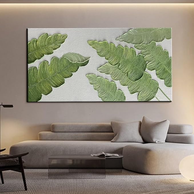 YaSheng Art- large Vertical Wall Art Oil Paintings ,Handmade 3D Textured Wall Art Green Large leaf plant Artwork paintings ,Modern Minimalist Abstract Wall Art painting, Wall Art for living room Bedroom Wall Deco Home, Framed Wall Art Pictures 30x60inch