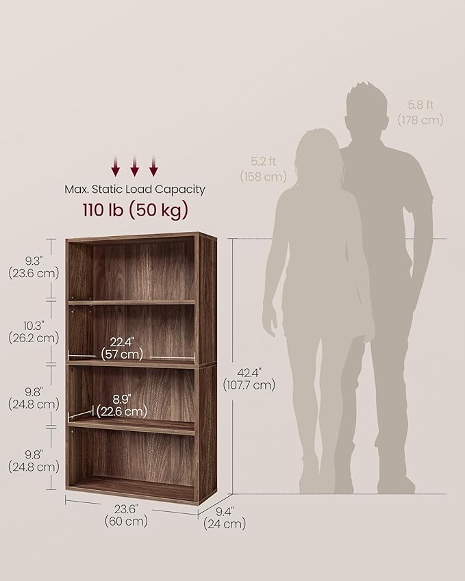 VASAGLE Custos Collection - Bookshelf, 4-Tier Bookcase, Book Shelf, Open Storage Shelf, 9.4 x 23.6 x 42.4 Inches, for Living Room, Home Office, Dining Room, Natural Walnut ULBC164K01