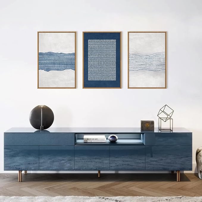 Large Abstract Navy Blue and White Framed Canvas Wall Art Set,Modern Neutral Geometric Waves Lines Dots Wall Decor,Mid Century Minimalist Boho Artwork for Living Room,Bedroom,Office- 24"x36"x3