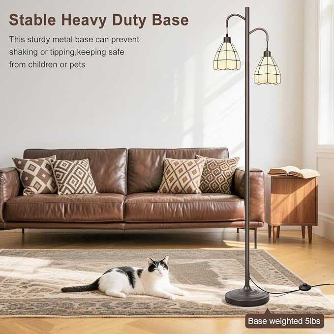 Floor Lamp with Dual Stained Glass Shades, Vintage Style Mid Century Tall Standing Lamp, Modern Farmhouse Decorative Corner Rustic Tree Light for Living Room Bedroom Home Office(E26 Base)