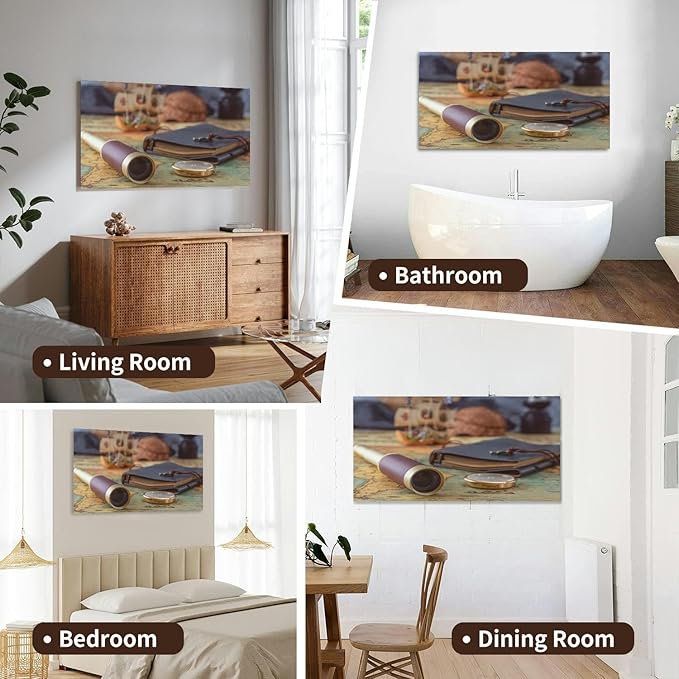 Canvas Wall Art for Living Room Bedroom Spyglass a compass and a leather bound book lie an old map against the Big Large Wall Art Decor Framed Painting Wall Pictures Prints Artwork Office