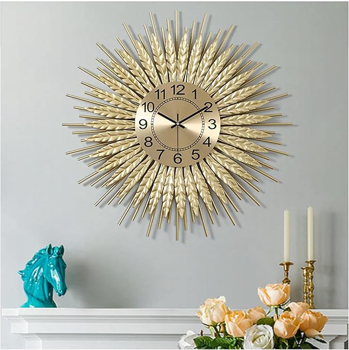 Wall Clock Large Wall Clock, Silent Non Ticking Quartz Decor Wall Clocks, Modern Sunburst 3D Metal Wall Watches for Bedroom Living Room Office,Gold,60CM Clock (A 70CM)