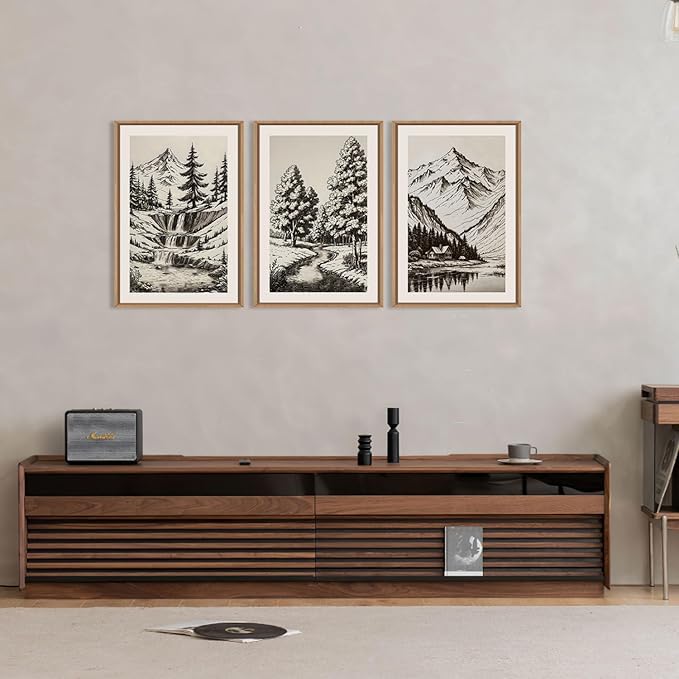 HOURIA Vintage Sketch Pine Tree Mountain Framed Canvas Wall Art Set,Moody Retro Antique Wilderness Botanical Ridge Decor,Modern Natural Black White Artwork for Living Room,Bedroom,Farmhouse- 16"x24"x3