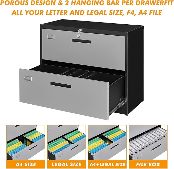 Lateral File Cabinet with Lock, 2 Drawer Metal Filing Cabinet, Lateral Filing Cabinet with Lock for Home Office, Locking Metal Steel Wide File for Legal/Letter A4 Size