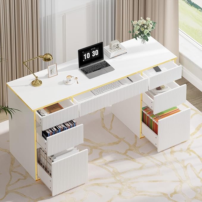 White Computer Desk with Drawers, 58 Inch Home Office Desk with 7 Drawers for Bedroom, Executive Desk with File Drawers for Small Spaces, White and Gold