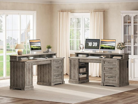 2 Pack 55'' Farmhouse Executive Desk with Drawers, Computer Desk with File Cabinet and Side Bookshelf, Writing Gaming Desk with Monitor Stand, Greige