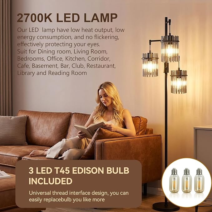 Industrial Modern Floor Lamps for Living Room, Dimmable Glass Tree Standing Tall Lamps with 3 Elegant Teardrop Cage Head & 1200 Lumens LED Bulbs for Bedroom Office (66inch Tall)