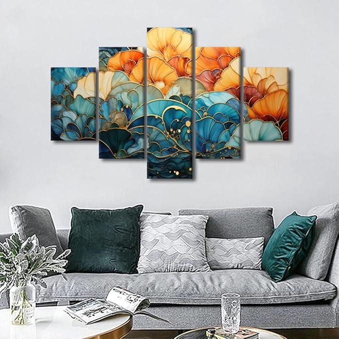 Canvas Wall Art Decor Colorful Abstract Painting Artwork Blue and Orange Abstract Wall Art 5 Panel Canvas Poster Prints for Men Lady Wall Decor Stretched Ready to Hang 60x40 in