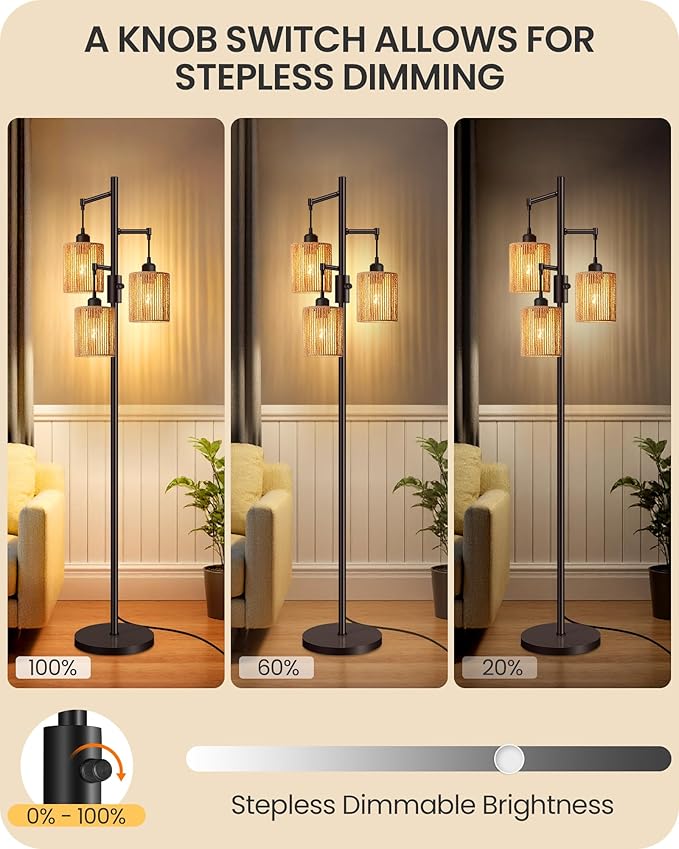 Dimmable Floor Lamp, Farmhouse Tall Standing 70.3" Tree Lamp with 3 Rope Woven Lampshades, Boho Rattan Floor Lights, 4W 3 LED Bulbs Included, for Living Room, Bedroom, Study, Office AB03LD05
