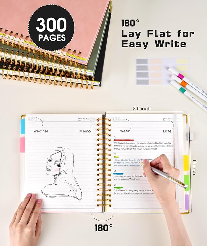 Hardcover Spiral Notebook 8.5"x11" Journal with Removable Dividers Tabs, 300 Pages Leather 5 Subject Notebook College Ruled, Large Notebooks for Work School, Lined Journal for Women, A4 White