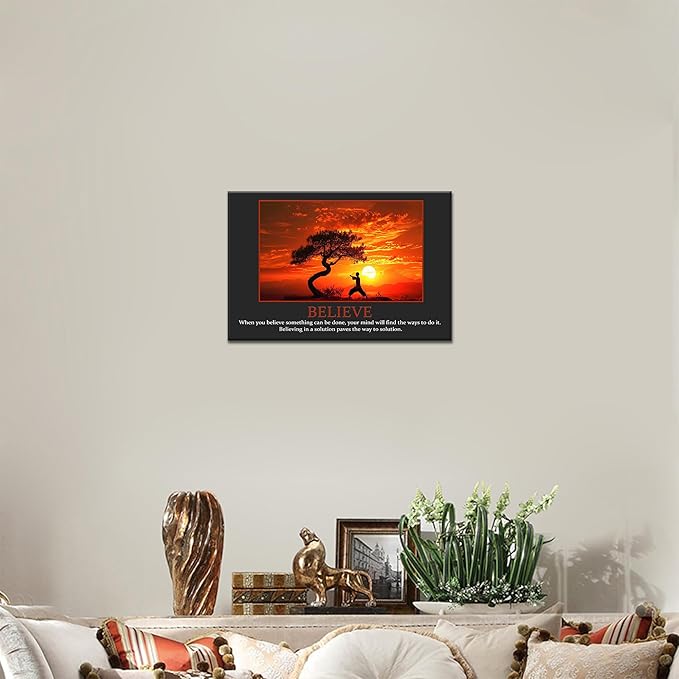 UZMKM - Office Wall Art, Motivational & Inspirational Quotes Canvas Wall Art for Home Office Wall Decor, Positive Quote Wall Decor, BELIEVE Words Poster Frame for Company Wall Decor 12x18 Inch
