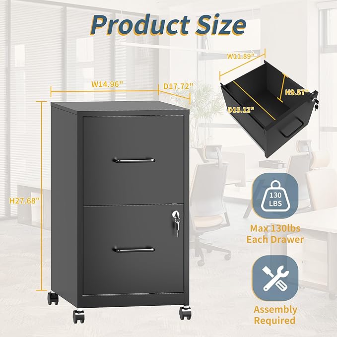 2 Drawer File Cabinet on Wheels,Mobile Filing Cabinets with Lock,Metal Storage Cabinet,Vertical Filing Cabinets for Home Office,Rolling File Cabinet for Under Desk,Amssebly Required, Black