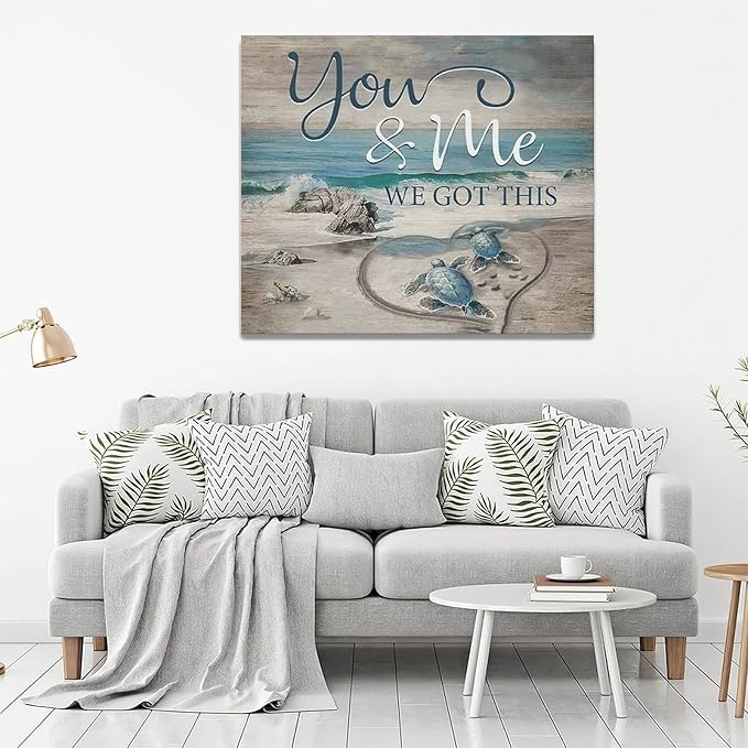 Beach Sea Turtle Bathroom Wall Art Coastal Turtle Love Pictures Wall Decor Ocean Nautical Canvas Seascape Painting Modern Artwork Home Decoration for Living Room Bedroom Office Framed 24"x20"